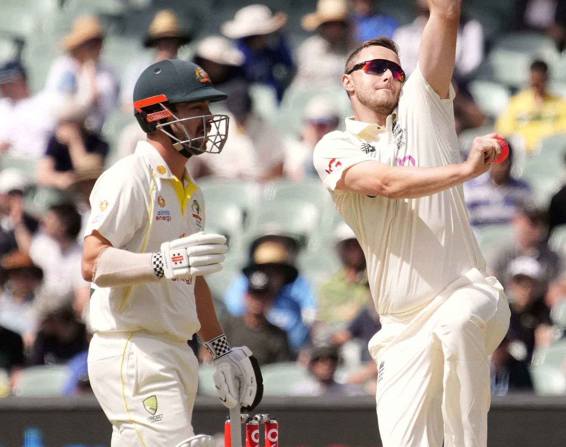 England&#039;s Ollie Robinson bowling off-spin on Day 4 in Adelaide. Pic: Getty Images