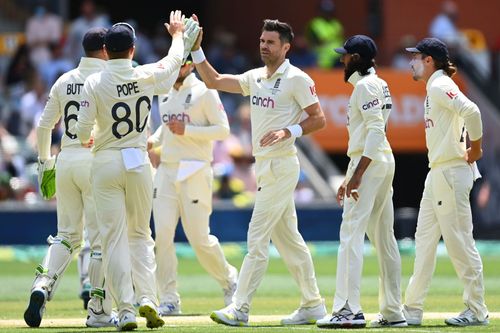 James Anderson celebrates Michael Neser's wicket