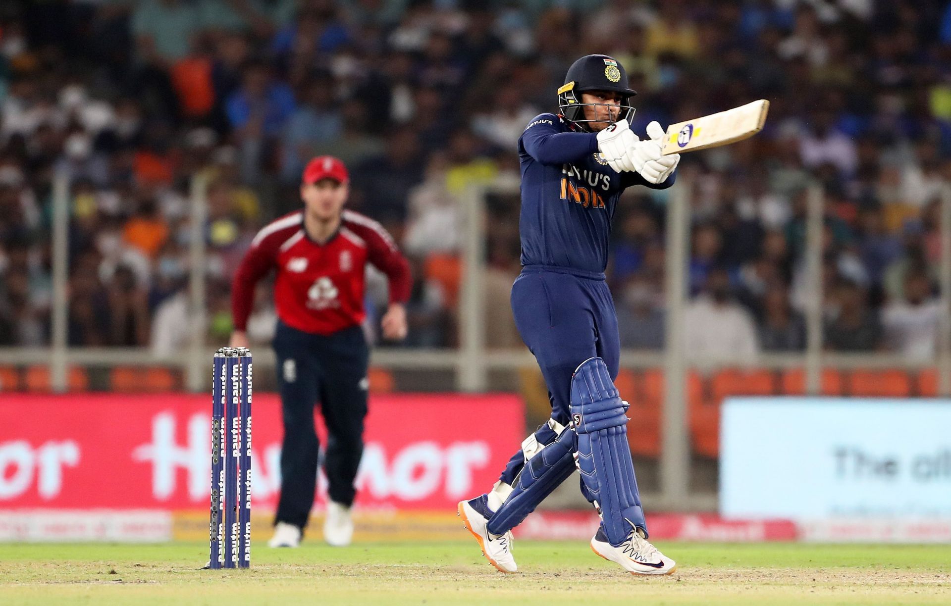 Ishan Kishan plays a shot during his T20I debut. Pic: Getty Images