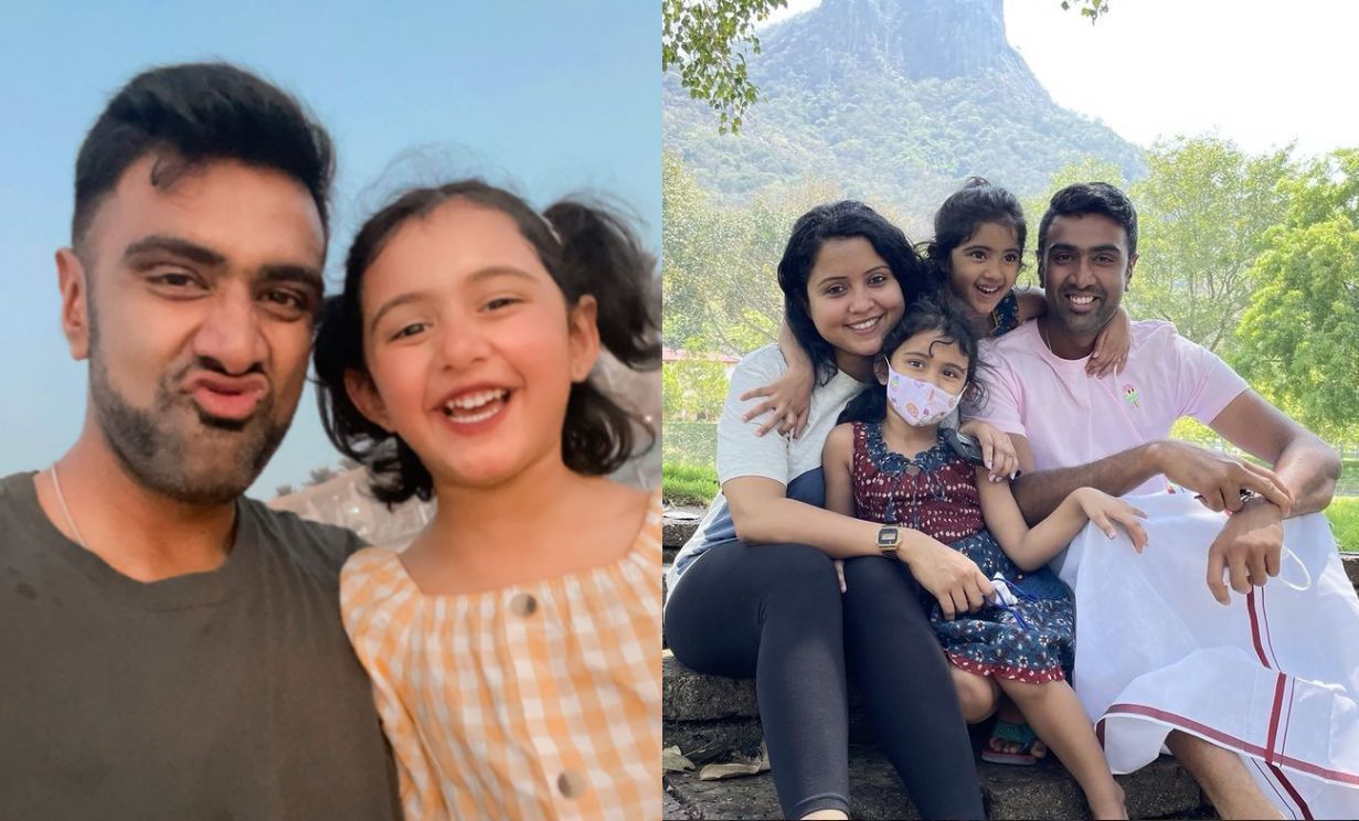 (Left) Ravichandran Ashwin with birthday girl Aadhya; (Right) Ashwin with his wife and kids. Pics: Ravichandran Ashwin/ Instagram