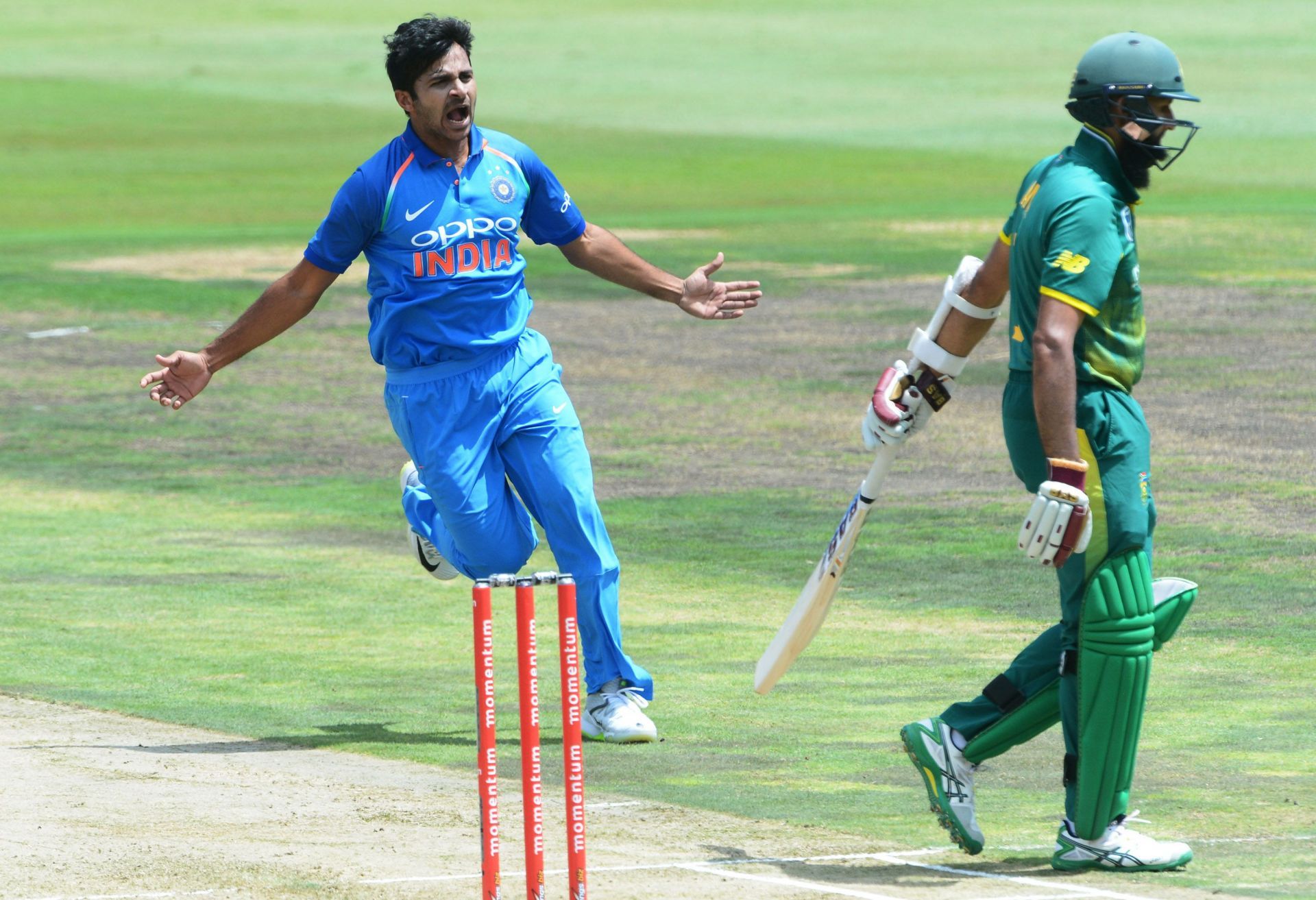 Shardul Thakur celebrates the prized scalp of Hashim Amla during the 2018 Centurion ODI. Pic: Getty Images