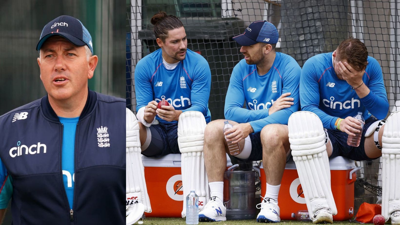England head coach Chris Silverwood(L) and players during practice. (Getty)