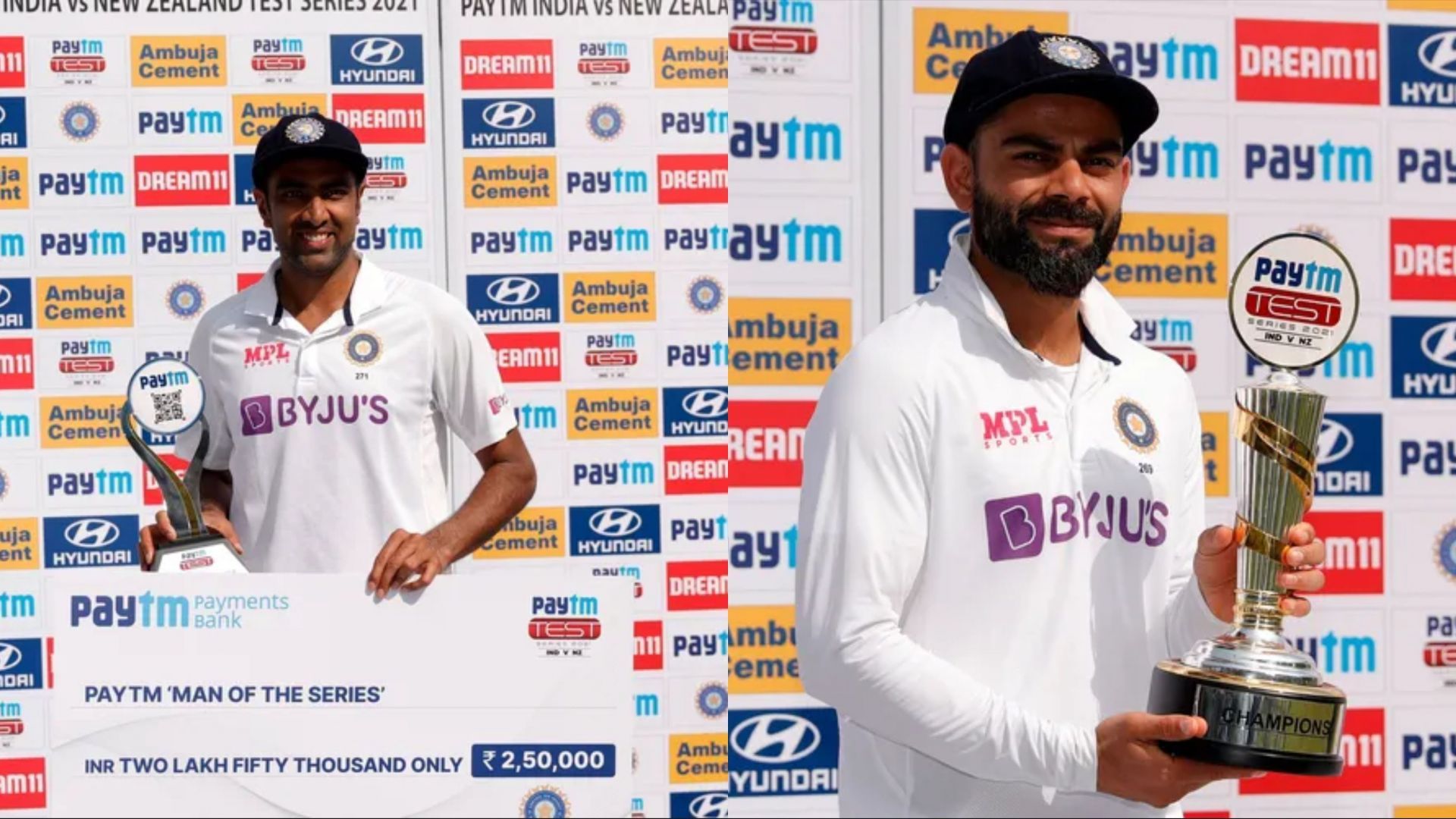 Ravichandran Ashwin (L) and Virat Kohli created unique records on the final day of the India vs New Zealand Test series (Image Courtesy: BCCI)