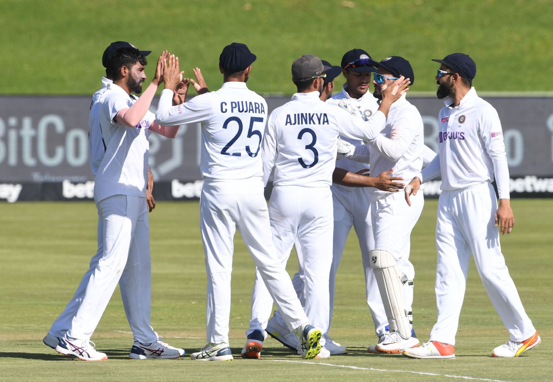 India celebrate the wicket of Keegan Petersen. Pic: Getty Images