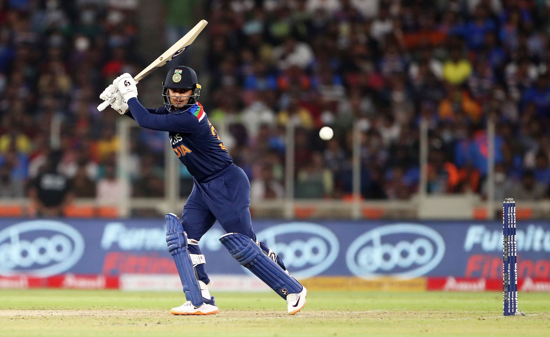Ishan Kishan plays a shot on his T20I debut. Pic: Getty Images