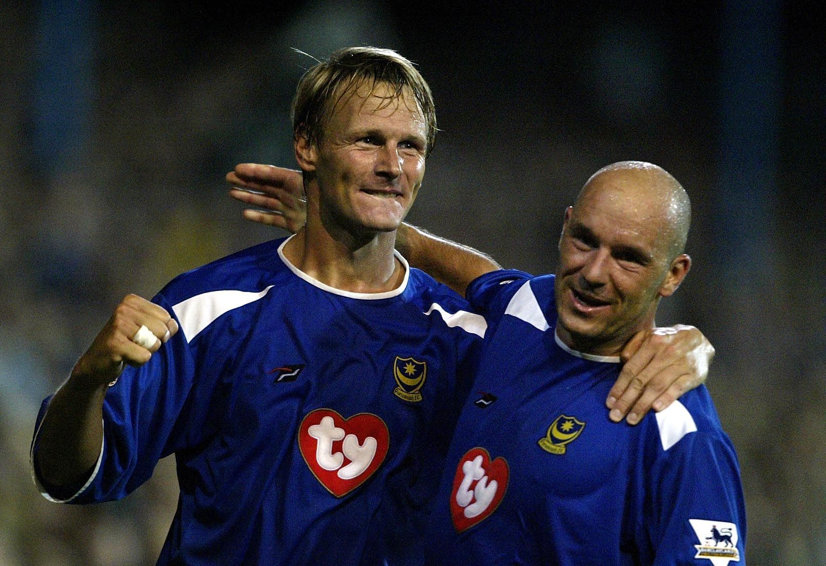 Teddy Sheringham of Portsmouth celebrates scoring his second