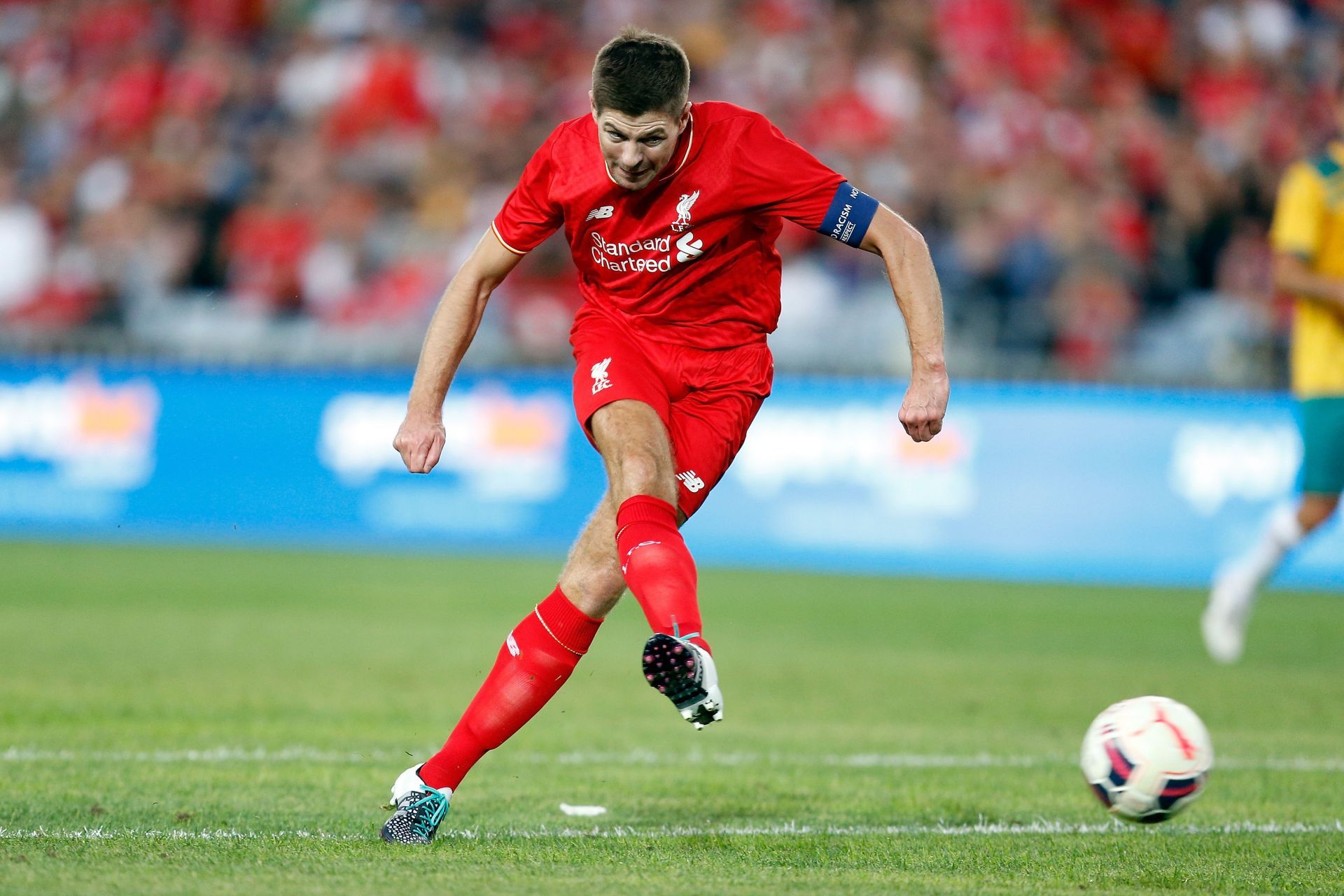 Liverpool legend Steven Gerrard takes a penalty