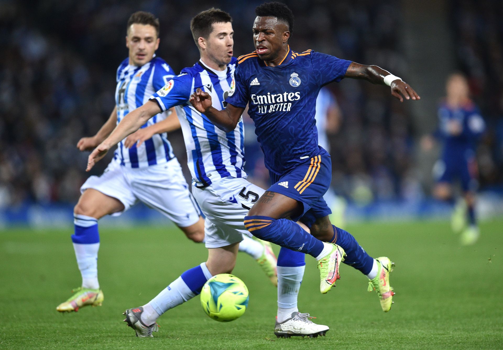 Vinicius Junior goes past Real Sociedad&#039;s backline.