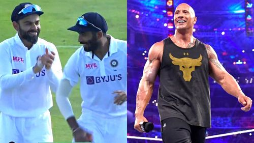 Virat Kohli, Jasprit Bumrah, and Dwayne 'The Rock' Johnson.