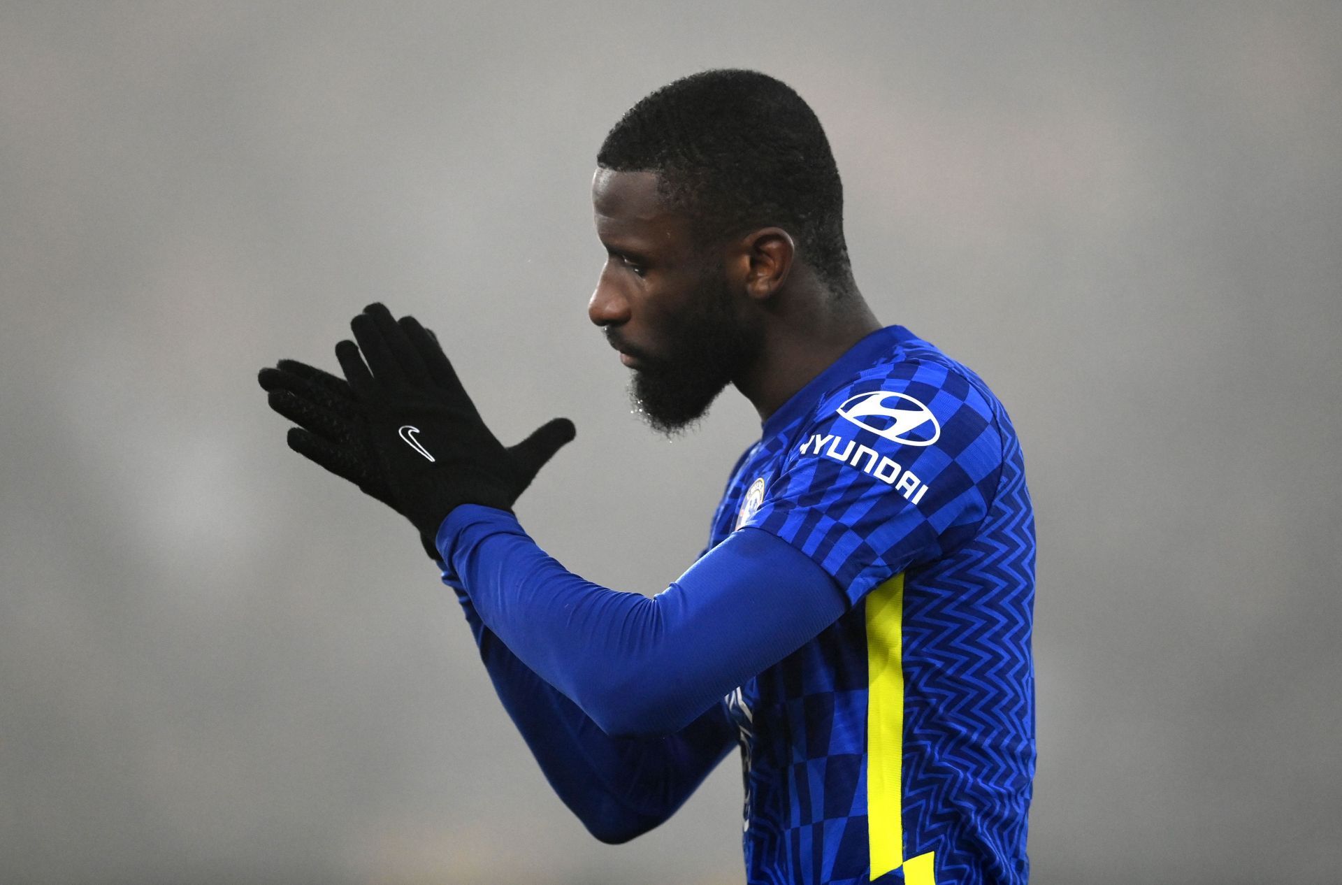 Antonio Rudiger reacts during a Premier League match.