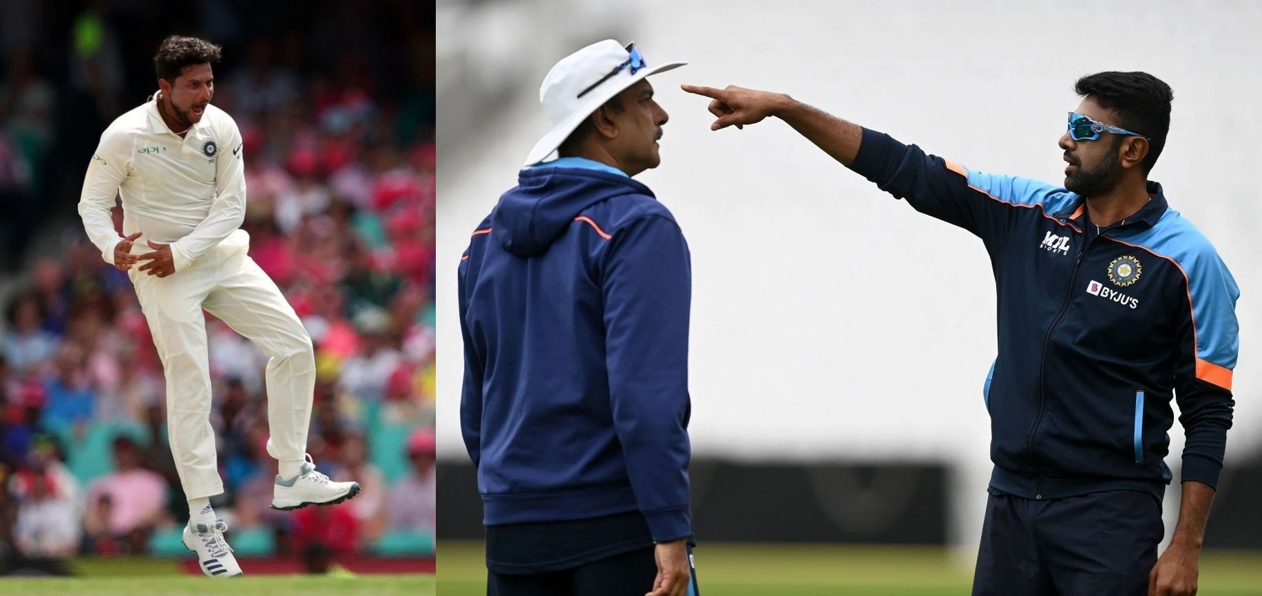 (Left) Kuldeep Yadav; (Right) Ravi Shastri and Ravichandran Ashwin. Pics: Getty Images