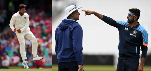 (Left) Kuldeep Yadav; (Right) Ravi Shastri and Ravichandran Ashwin. Pics: Getty Images