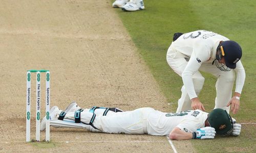 Steve Smith on the ground after being hit. (Credits: Twitter)