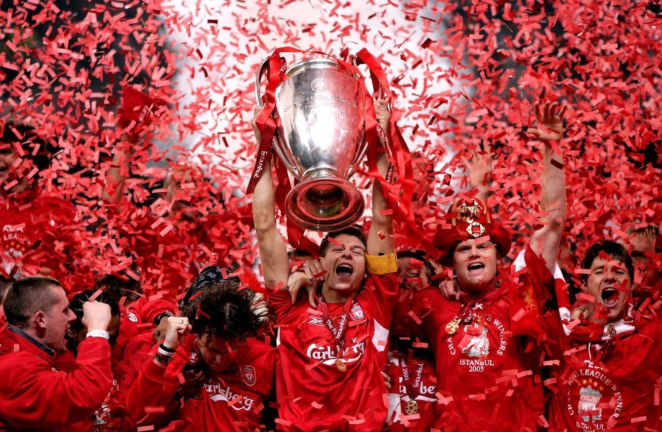 Captain Steven Gerrard leads the celebrations following Liverpool&#039;s defeat of AC Milan in the 2005 Champions League final.