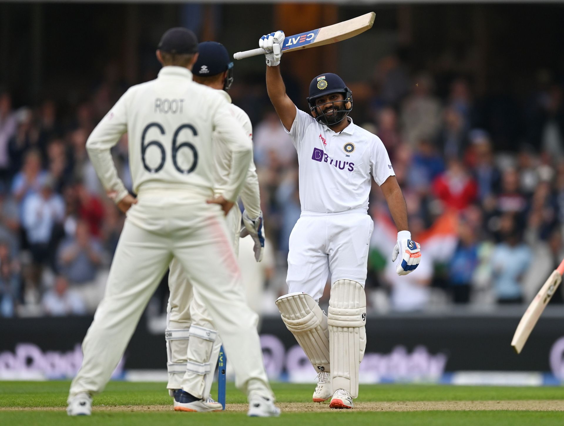 Rohit Sharma celebrates his century at The Oval.