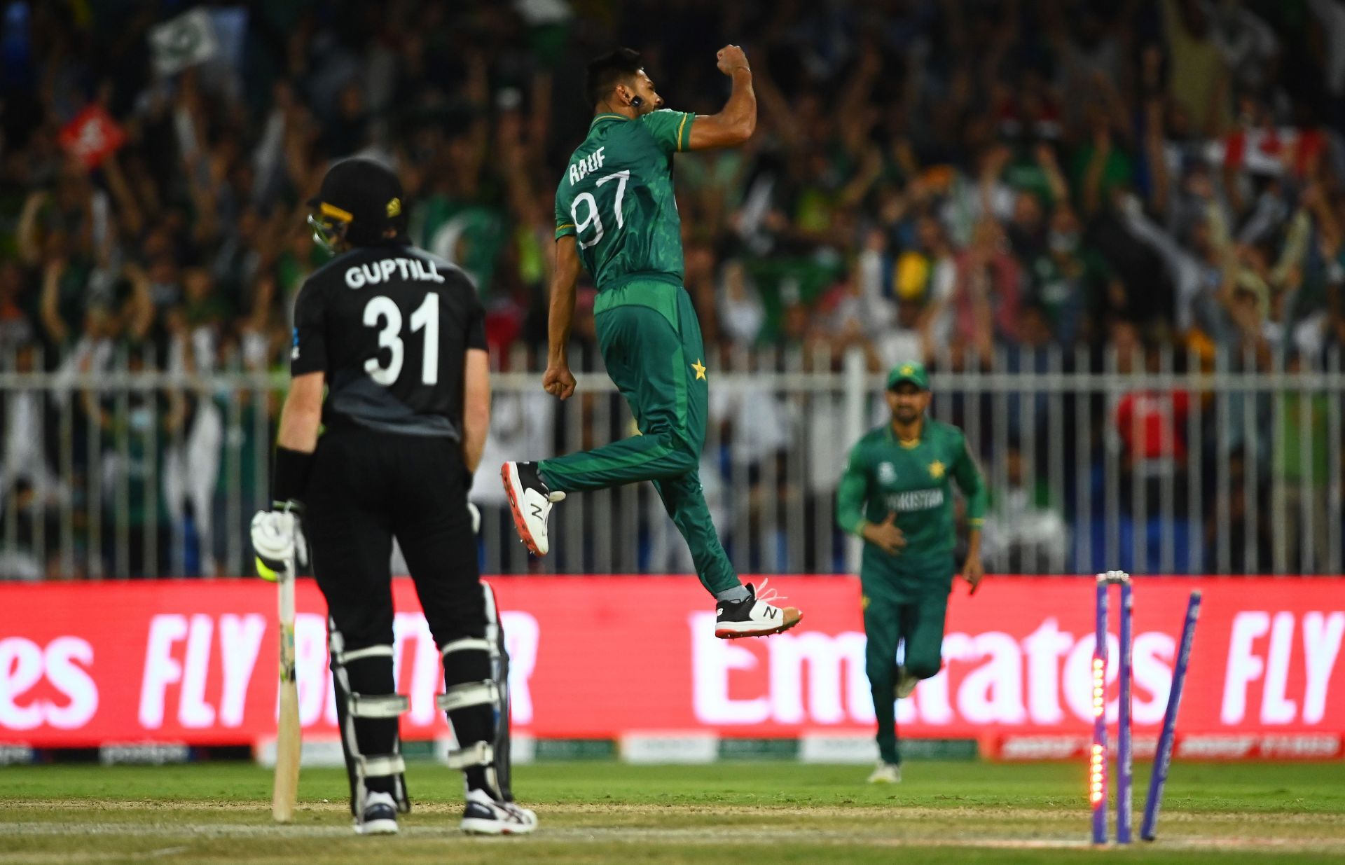 Haris Rauf celebrates the wicket of Martin Guptill. Pic: Getty Images