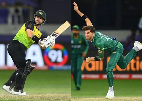 Matthew Wade (left) and Shaheen Afridi during the T20 Cricket World Cup 2021. Pics: Getty Images