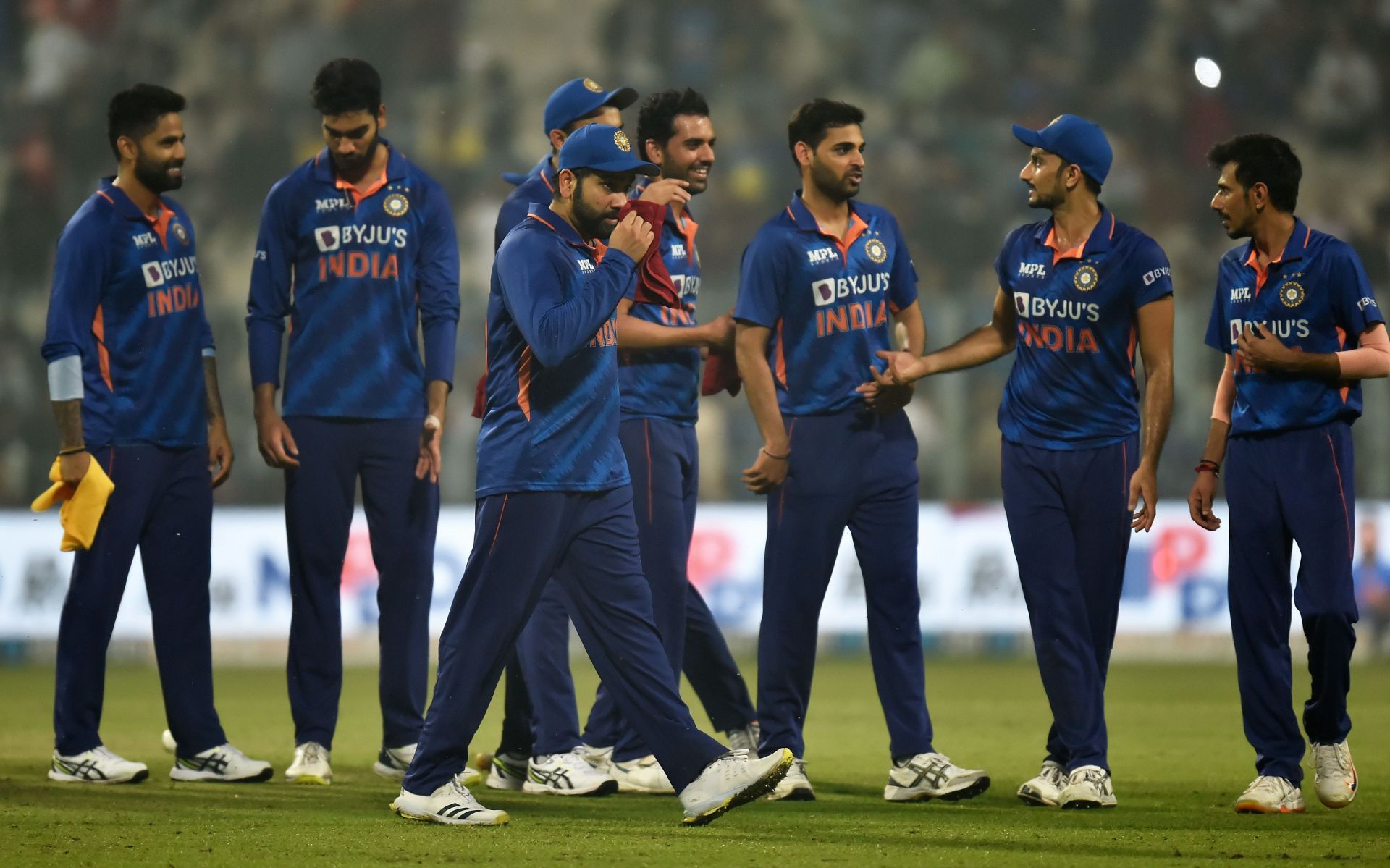 Rohit Sharma with teammates during the T20I series against New Zealand. Pic: Getty Images