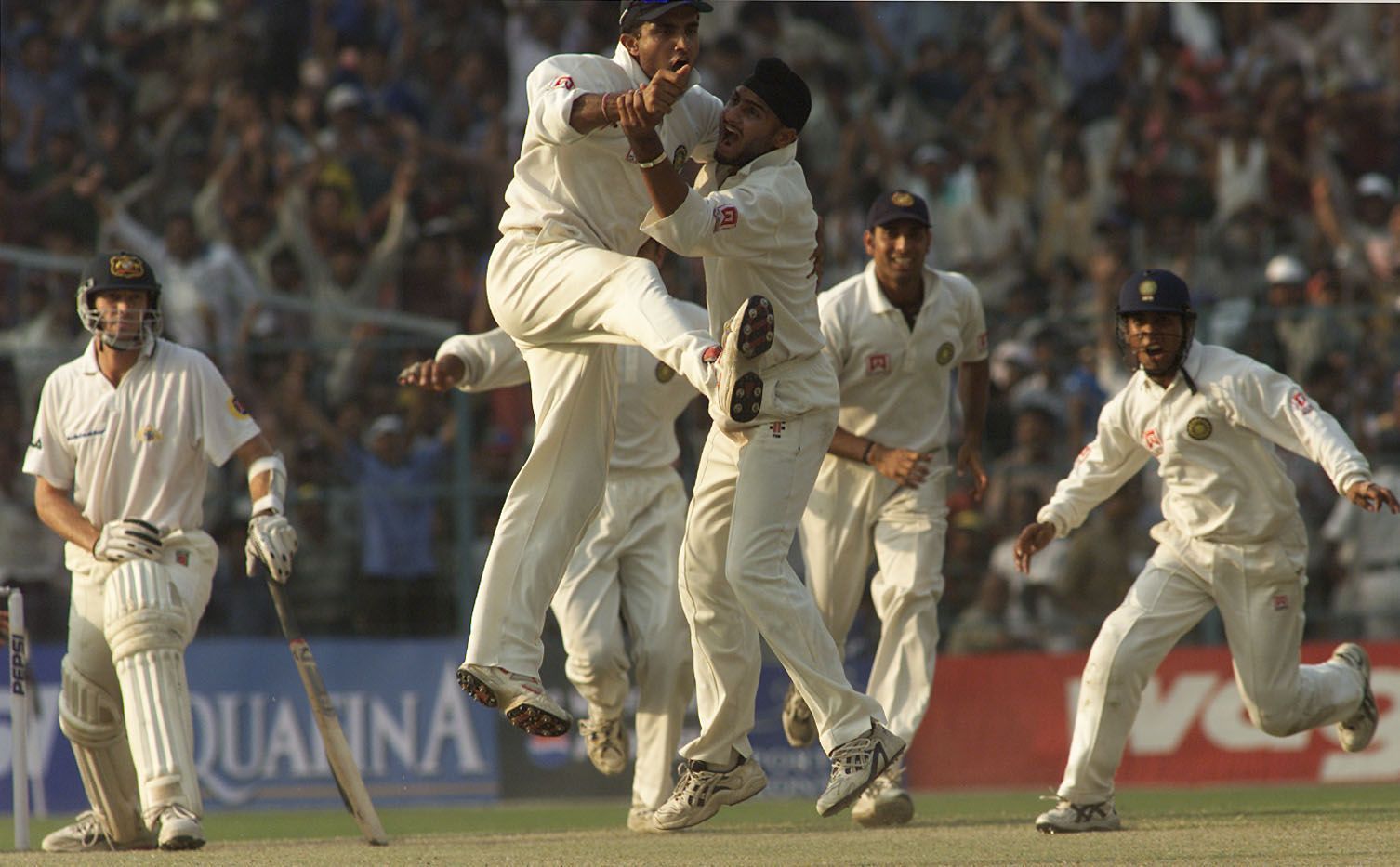 Harbhajan Singh (right) and Sourav Ganguly celebrate after India win the 2001 Kolkata Test. Pic: Getty Images