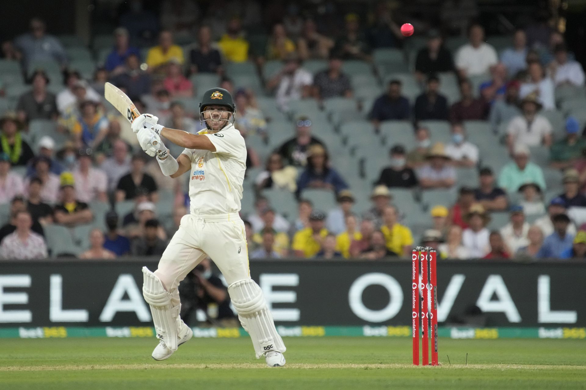 David Warner in action during Day 1 of the pink-ball Test. Pic: Getty Images