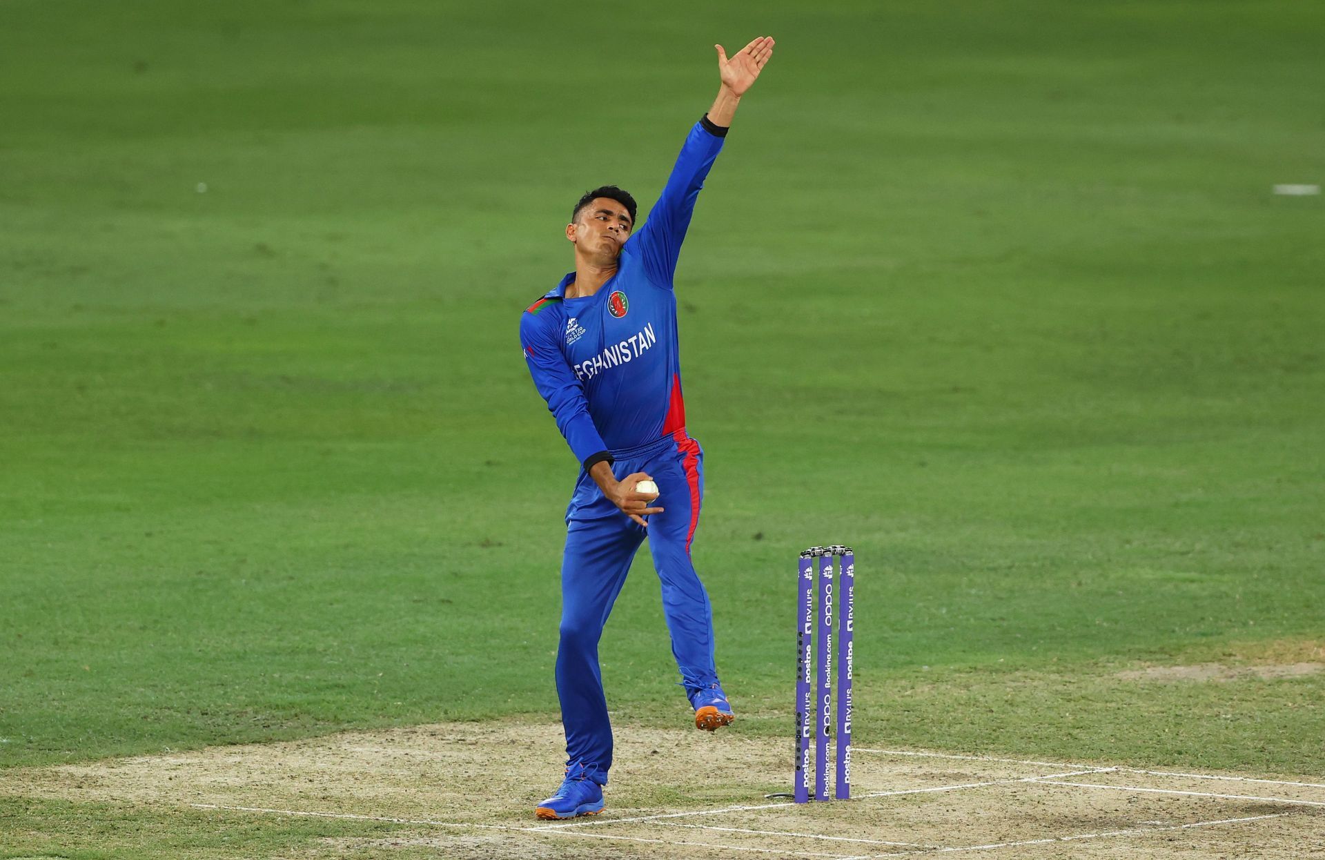Mujeeb Ur Rahman bowling during the T20 World Cup. Pic: Getty Images