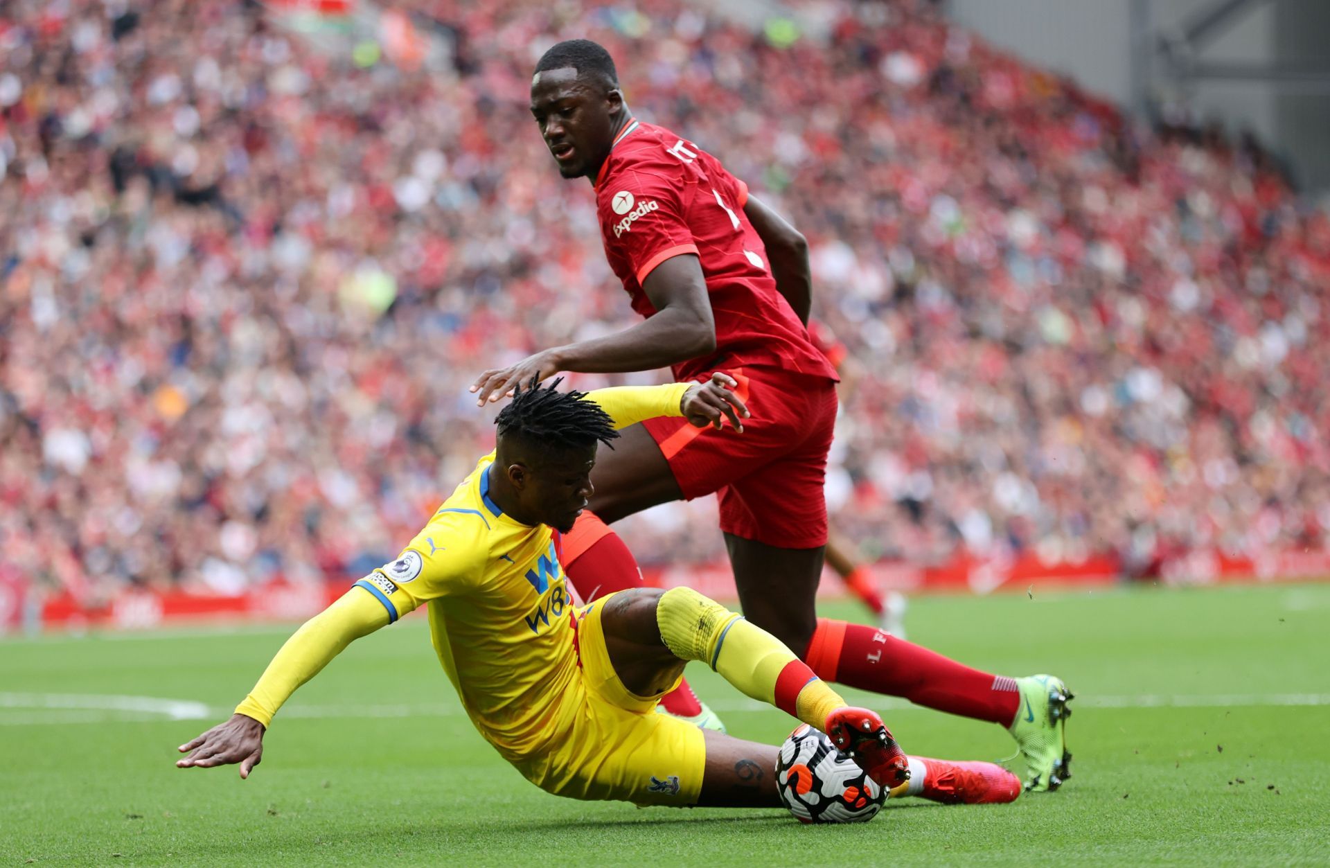 Liverpool&#039;s Ibrahima Konate (right) stops Crystal Palace&#039;s Wilfrid Zaha.