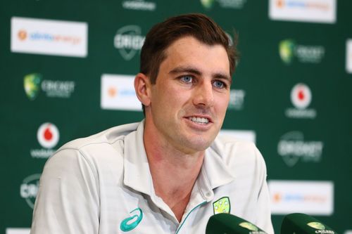 Pat Cummins speaks to the media at The Gabba. Pic: Getty Images