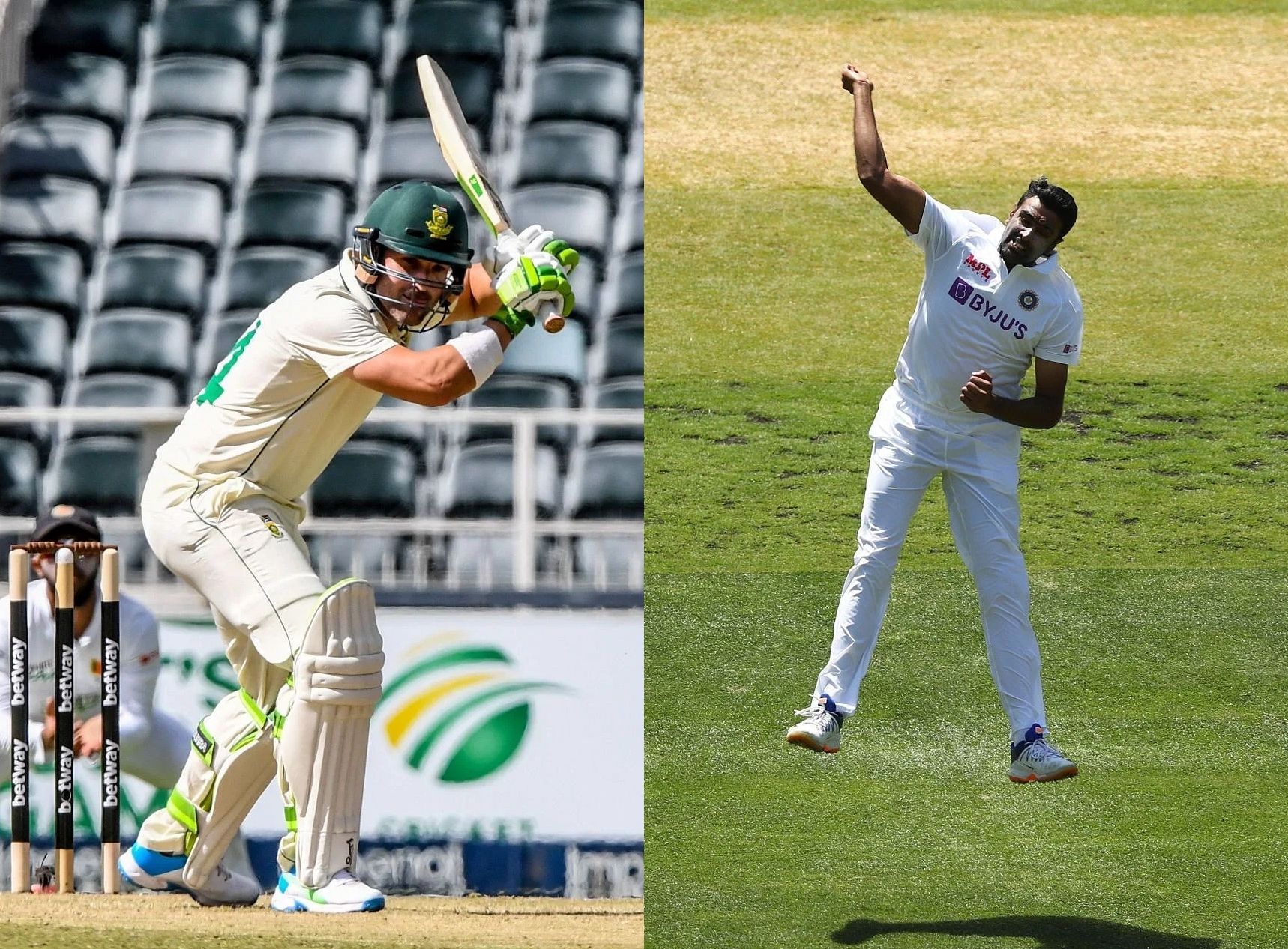 Dean Elgar and Ravichandran Ashwin. Pics: Getty Images