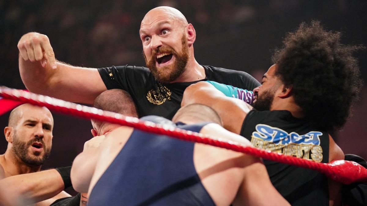 Tyson Fury in a brawl with Braun Strowman on WWE RAW