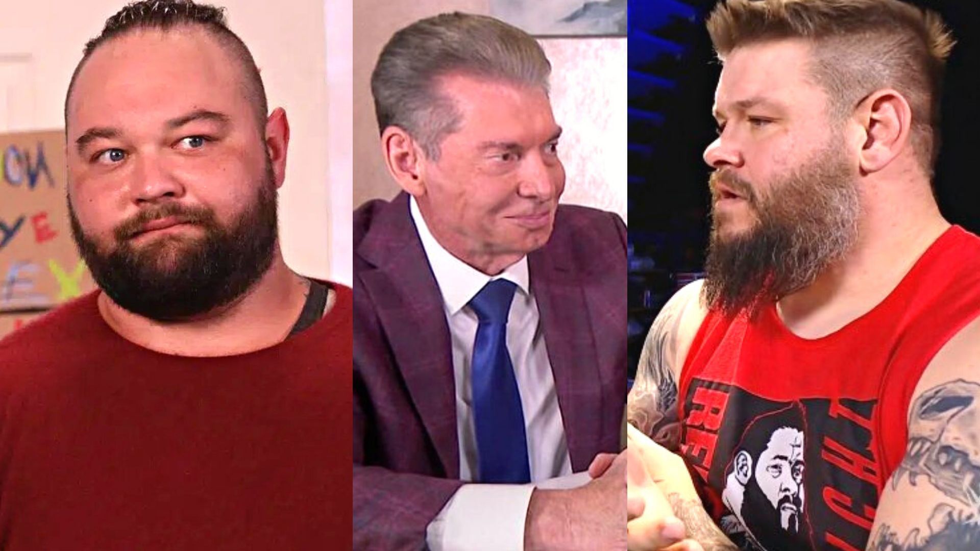 Bray Wyatt (Windham Rotunda), Vince McMahon, and Kevin Owens.