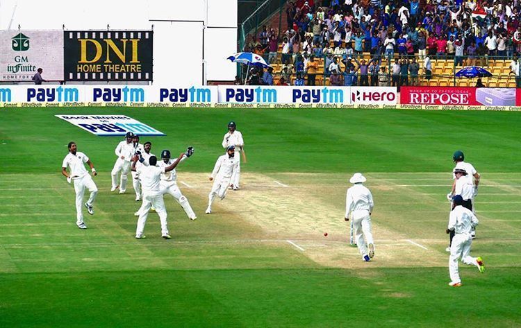 Team India celebrate after winning the 2017 Bengaluru Test [Image- BCCI]