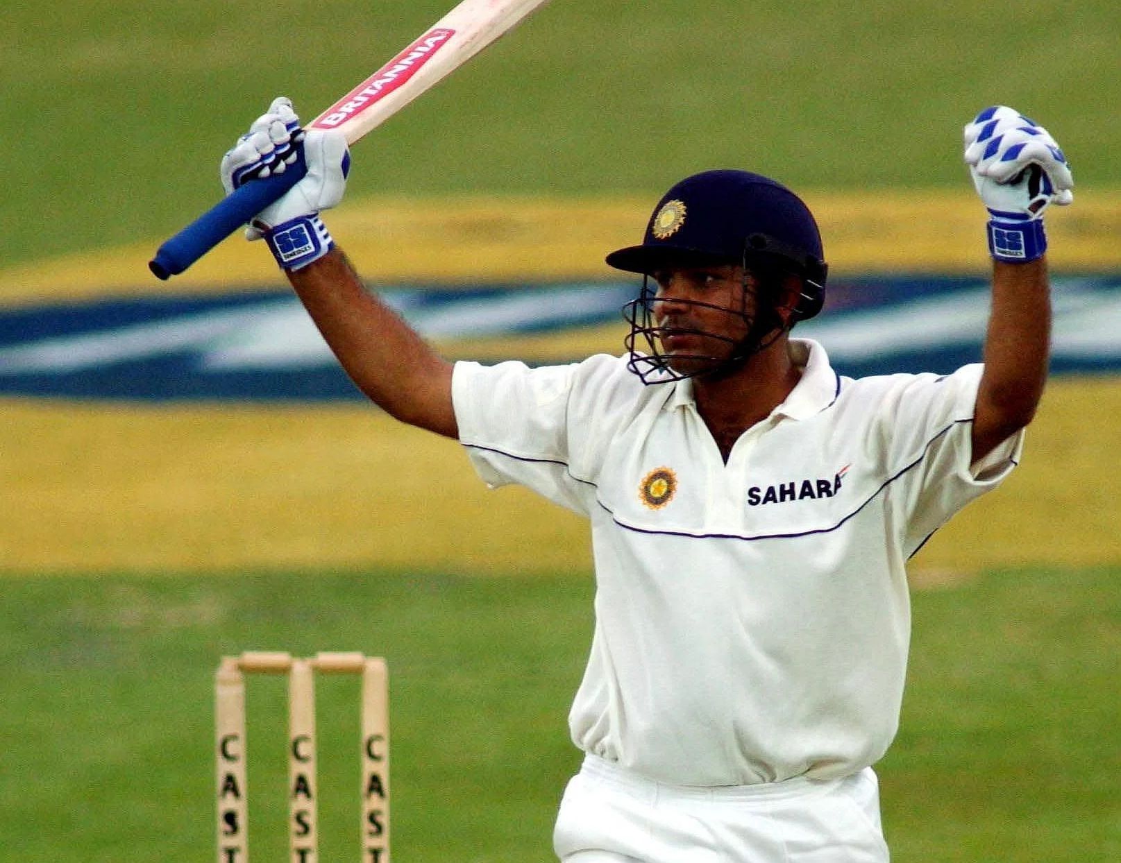 Virender Sehwag celebrates his century on Test debut in Bloemfontein. Pic: Getty Images