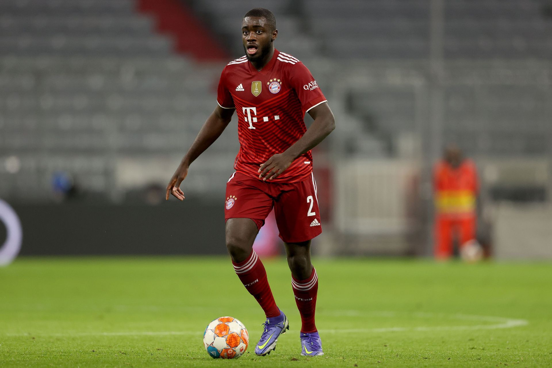 Bayern Munich centre-back Dayot Upamecano looks to play a pass