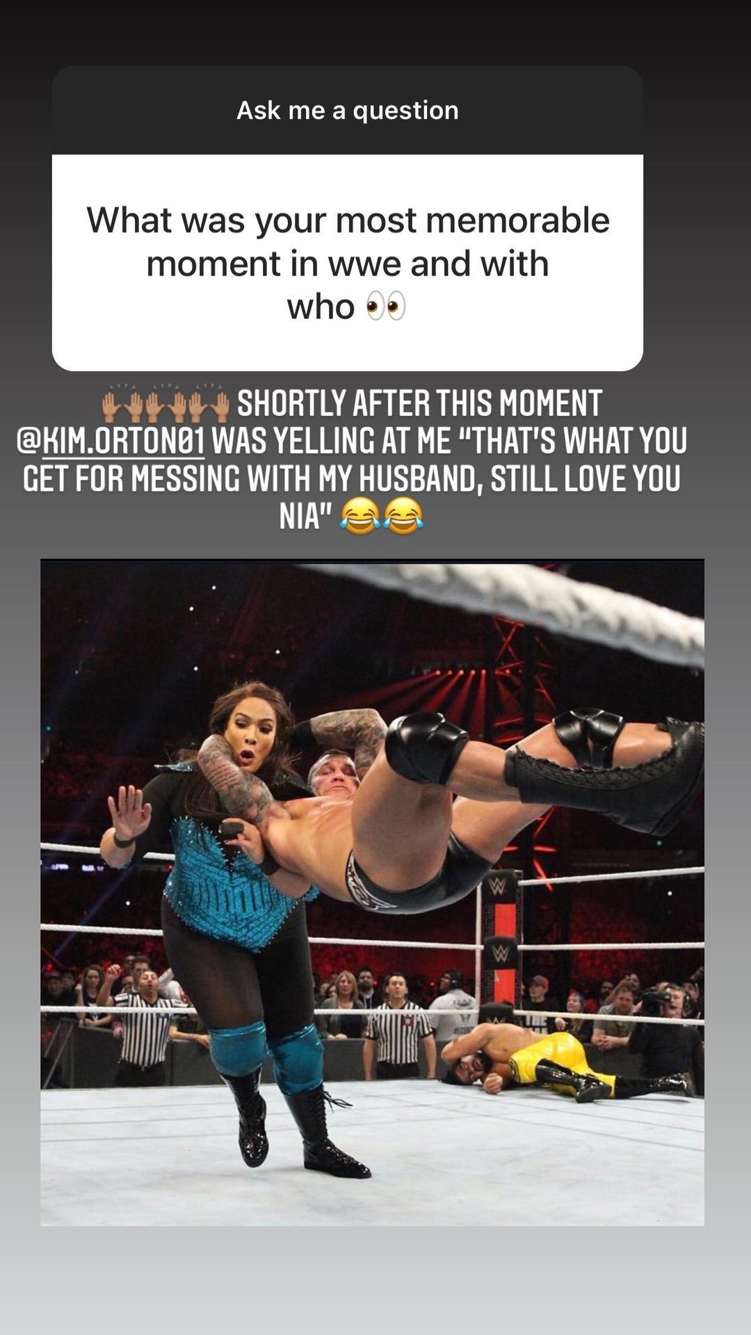 Kim Orton's amusing reaction to Randy Orton hitting an RKO on Nia Jax