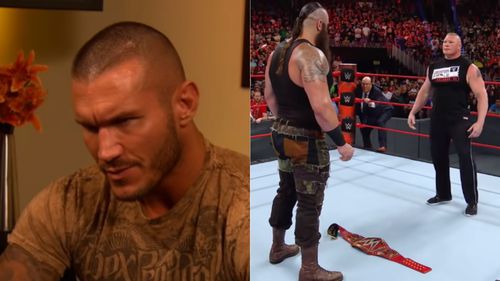 Randy Orton (left); Braun Strowman and Brock Lesnar (right)