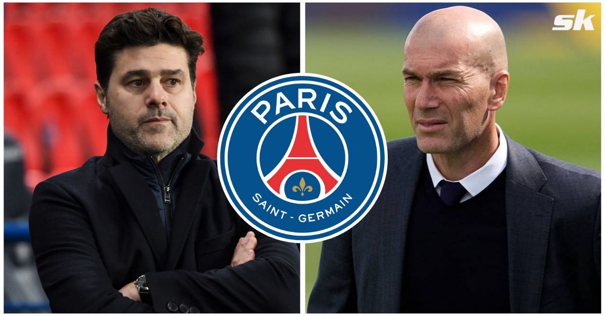 PSG Manager Mauricio Pochettino and Former Real Madrid player and Manager Zinedine Zidane