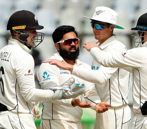 Ajaz Patel celebrates one of his 10 wickets with teammates. Pic: ICC