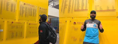 (Left) Ajaz Patel checking the honours board after Day 1; (Right) the spinner posing with his name on it. Pic: Black Caps/ Twitter