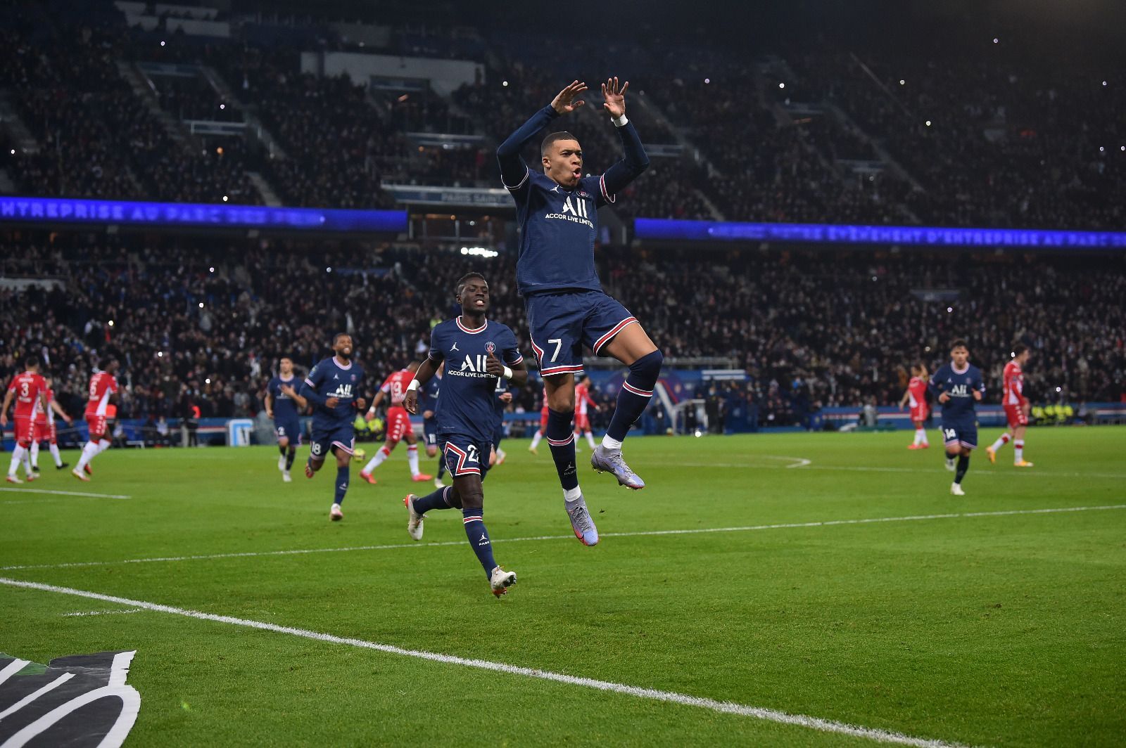 PSG vs Monaco: Kylian Mbappe celebrating a landmark goal for PSG