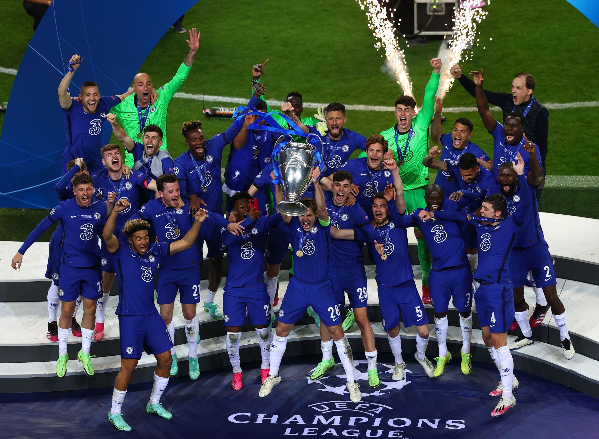 Chelsea celebrate their 2020-21 UEFA Champions League triumph.