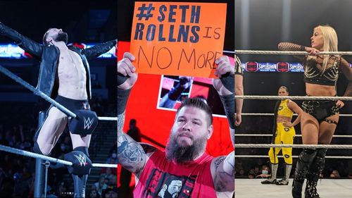 Finn Balor, Kevin Owens, Bianca Belair, and Liv Morgan at the live event.