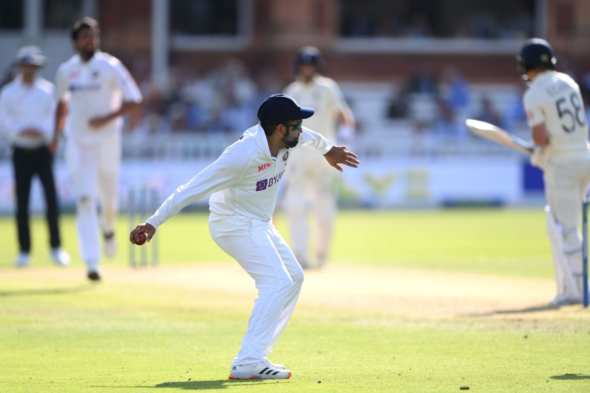 Rohit Sharma celebrates after taking a catch in the slips during the Lord’s Test. Pic: Getty Images