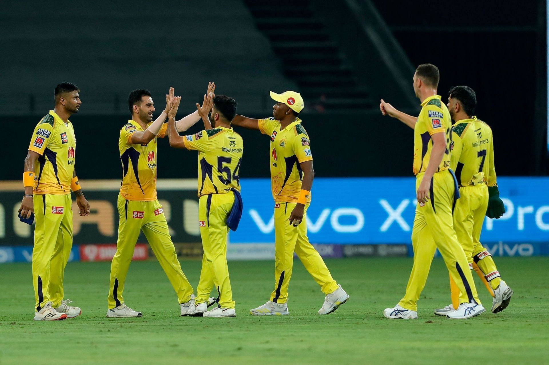 Chennai Super Kings (CSK) celebrate a wicket during IPL 2021. Pic: IPLT20.COM