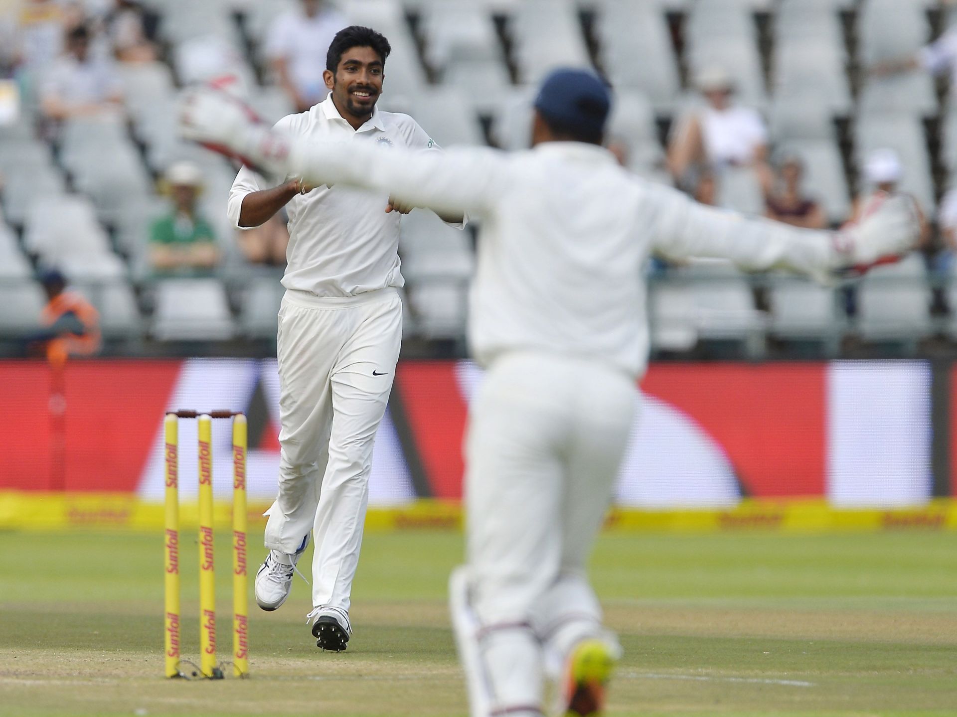 Jasprit Bumrah celebrates the wicket of Faf du Plessis during his debut Test in Cape Town. Pic: Getty Images