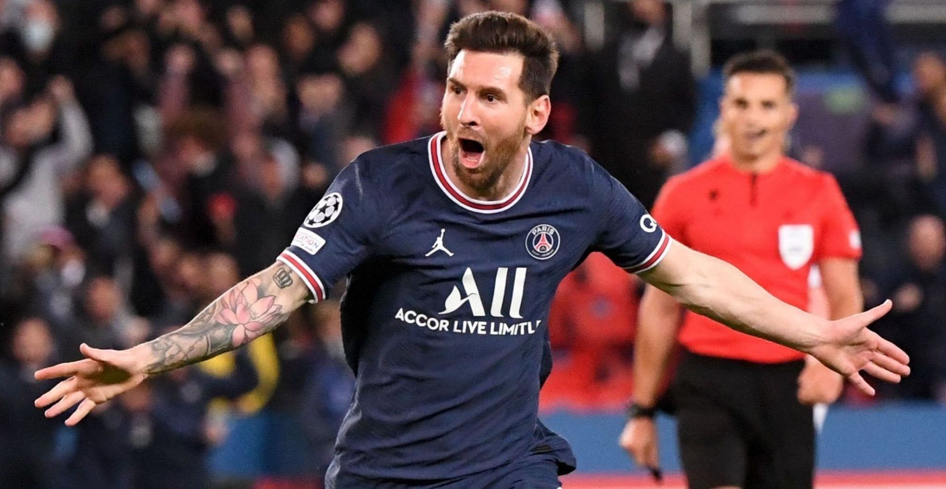 Lionel Messi celebrating scoring a goal for Paris Saint-Germain.