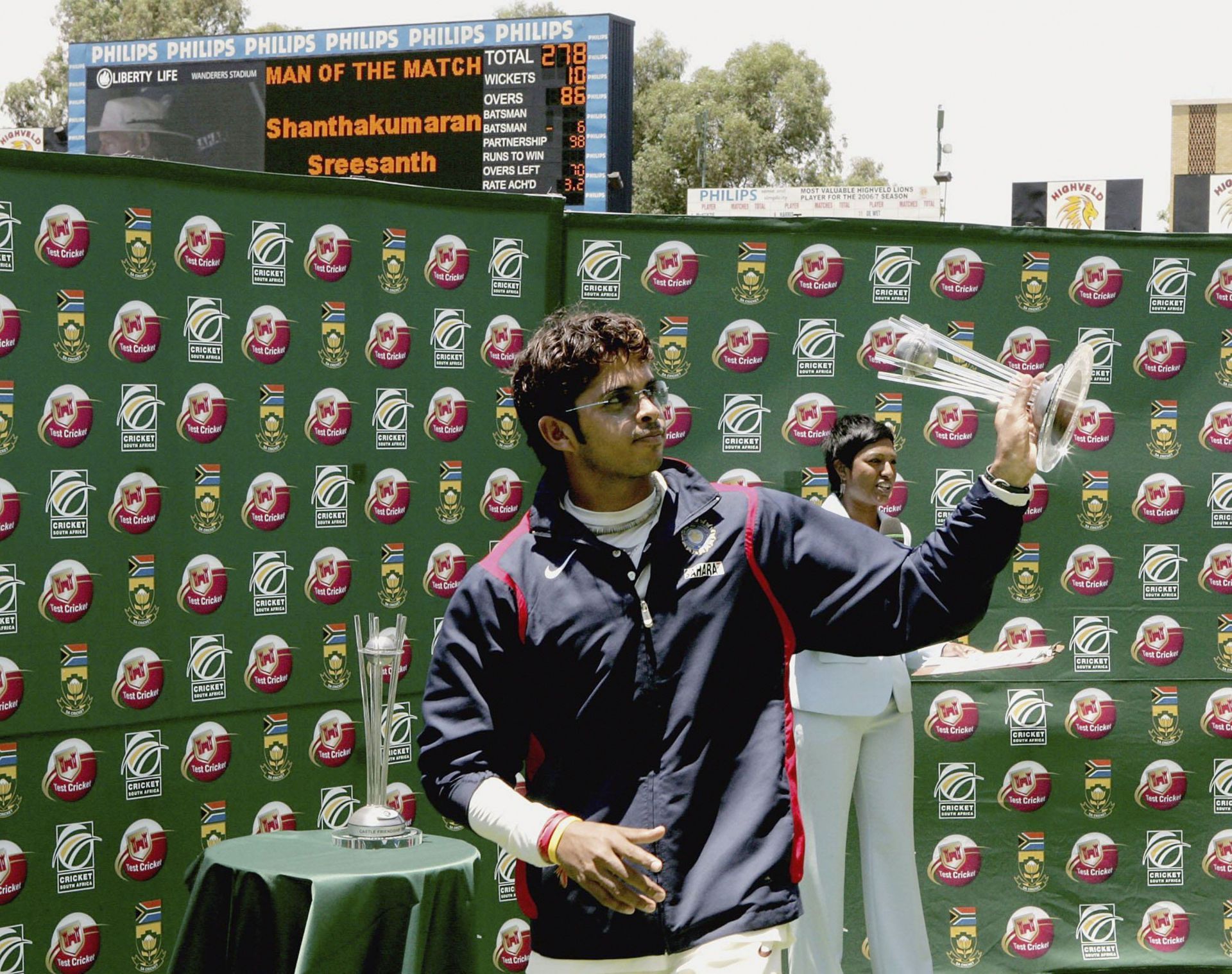 Sreesanth with the Man of the Match trophy for his performance in the 2006 Johannesburg Test. Pic: Getty Images