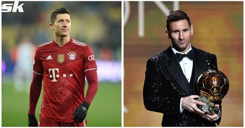 Robert Lewandowski and Lionel Messi with his 7th Ballon d'Or trophy