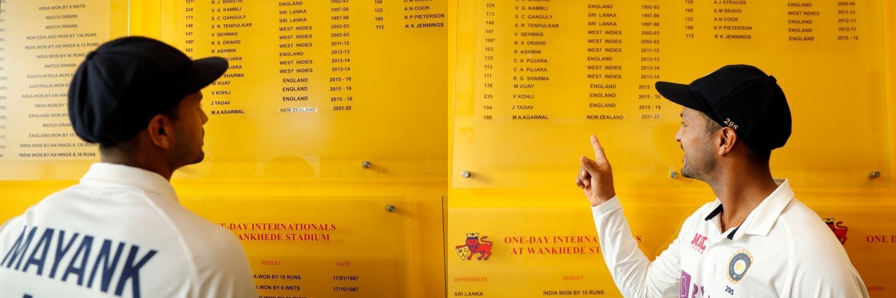 Mayank Agarwal looks at the Wankhede honours board with his name on it. Pic: BCCI