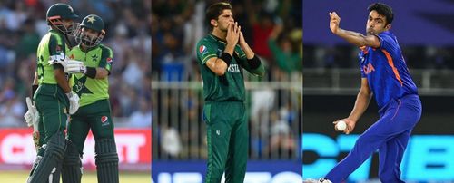 Babar Azam and Mohammad Rizwan (left), Shaheen Afridi (middle) and Ravichandran Ashwin