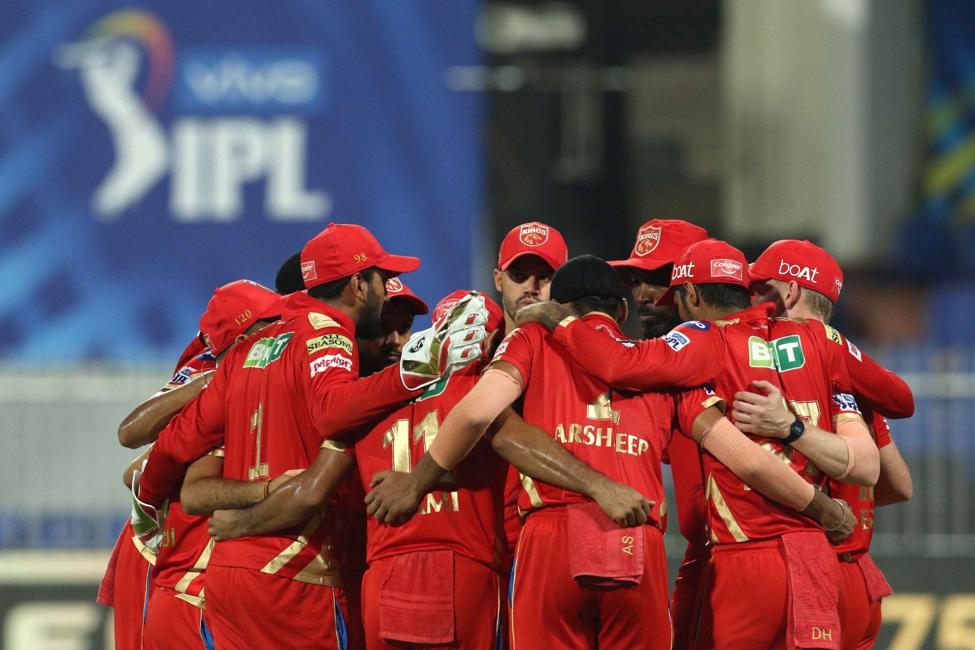 Punjab Kings in a huddle during IPL 2021. Pic: IPLT20.COM